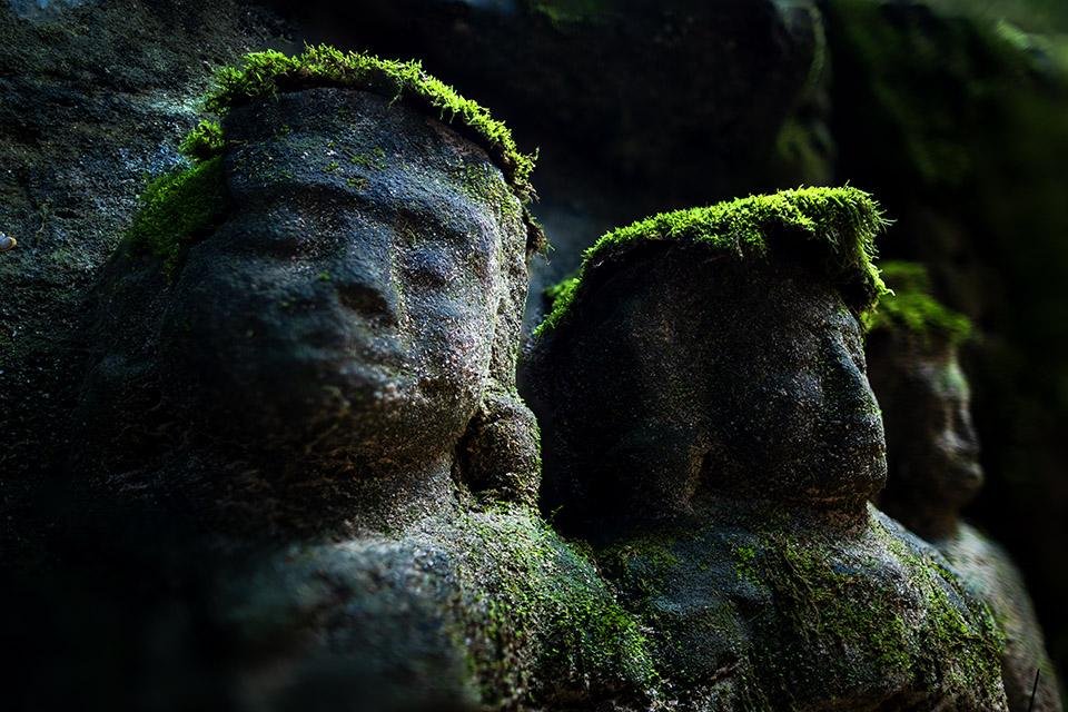 Ancient stone heads of bridge statues covered in vibrant green monsoon moss with dramatic side lighting during a private Siem Reap photography workshop.