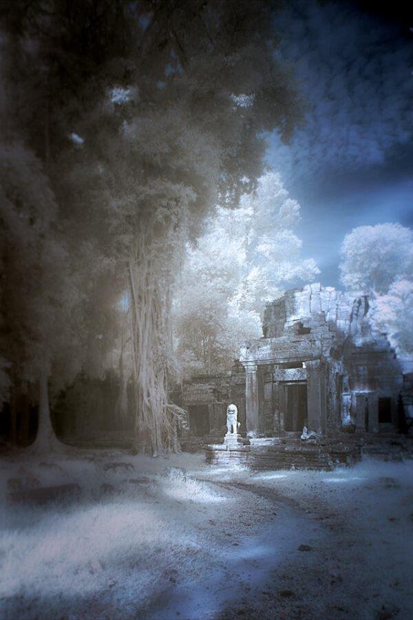 Fine art false colour infrared photography of an ancient stone lion guardian statue standing before the ruined entry gate of Preah Khan temple in Angkor, Cambodia, framed by a massive glowing white banyan tree under a dark, dramatic sky.